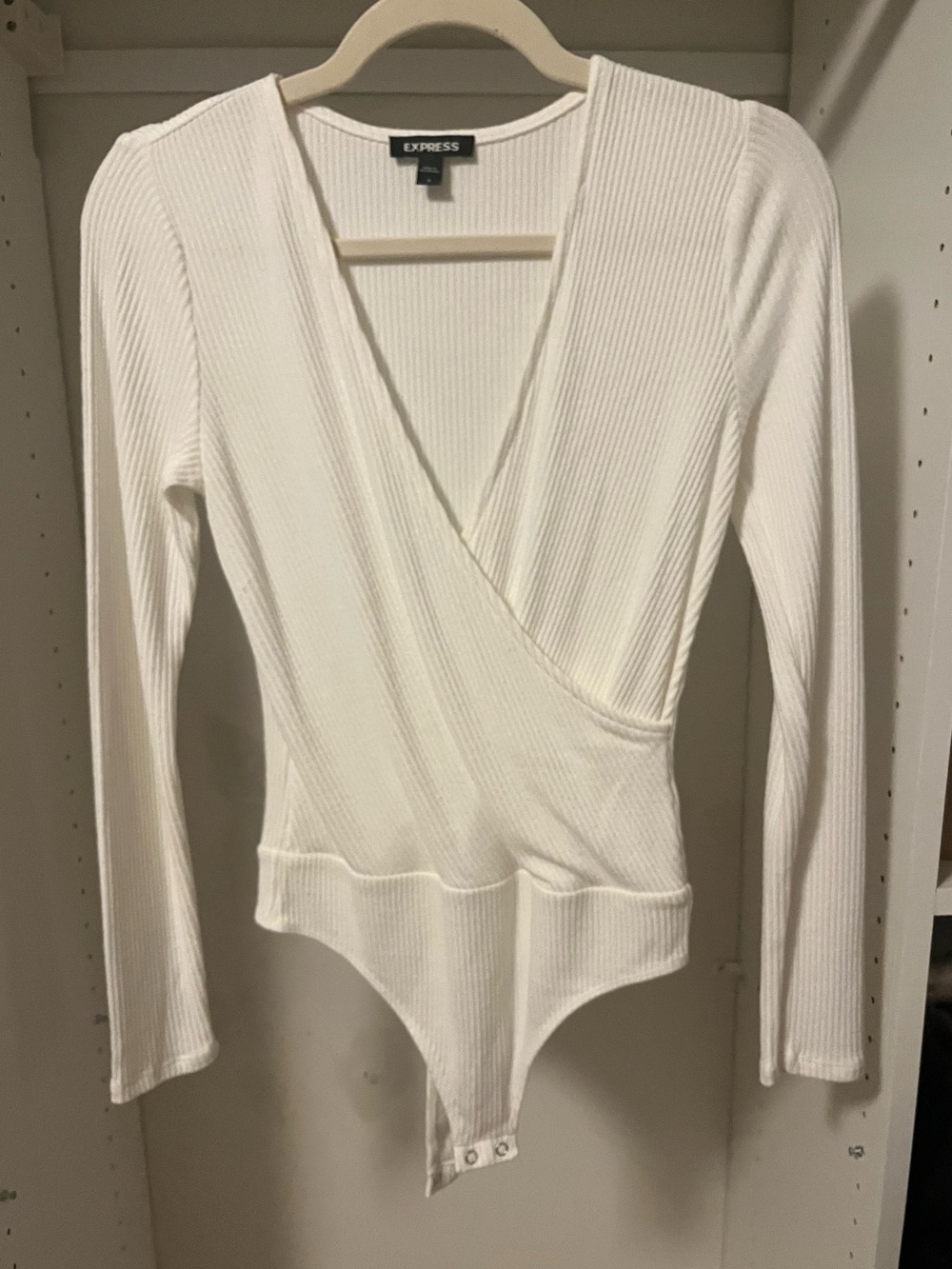 Express White Ribbed Long-Sleeve Wrap Bodysuit